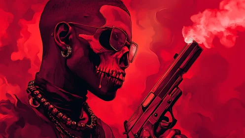 Red skull-faced shooter stands in smoke with blazing pistol