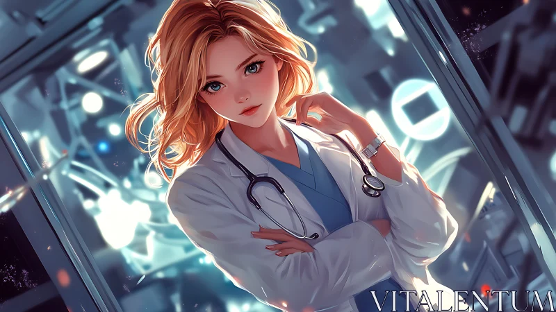 Female doctor stands in lab coat with stethoscope in clinic
