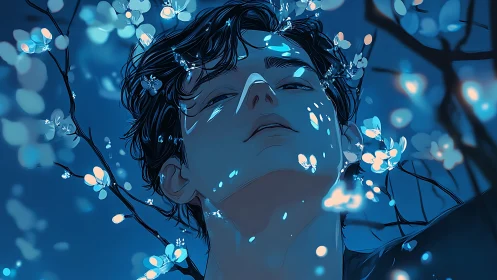 Moonlit blossoms drifting across a quiet dreamer’s face.