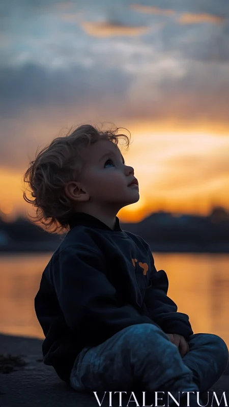 Child gazing skyward at golden sunset over water.