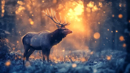 Elk stands in snowy forest against strong backlighting