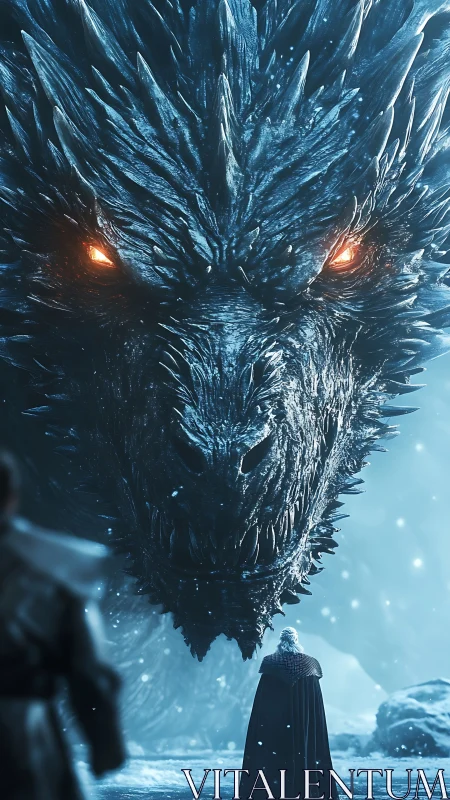 Giant icy dragon confronts cloaked figure in frozen landscape