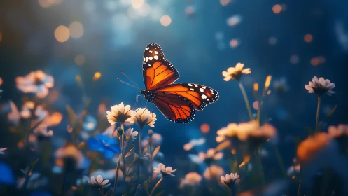 Macro view of monarch butterfly over daisies at twilight