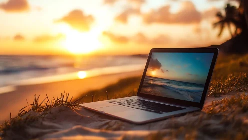 Ultrabook on sandy beach at sunset with mirrored seascape display