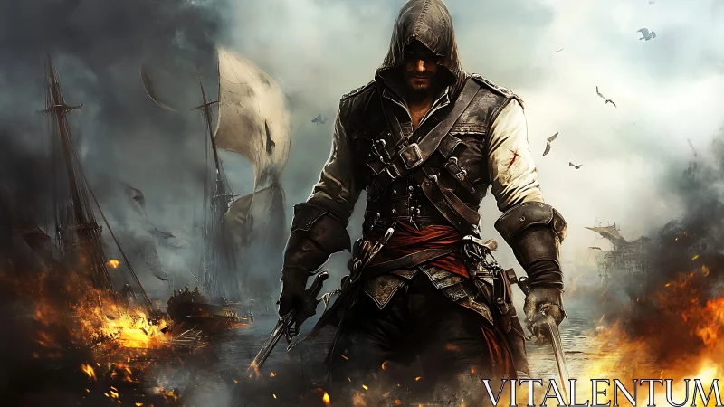 Cinematic pirate assassin amid burning harbor, digital painting.