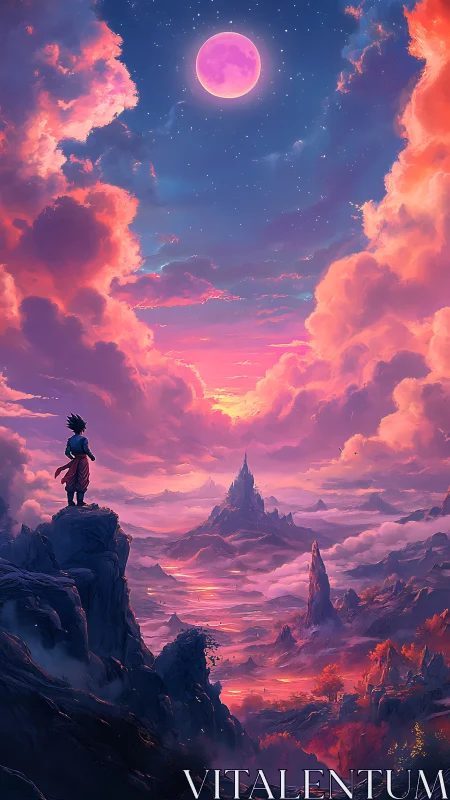 Wanderer gazes toward a violet moon above molten skies.