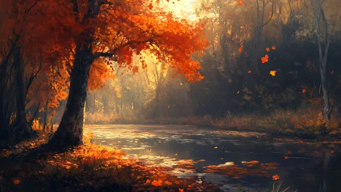 Autumn woodland pond with sunlight on orange foliage.