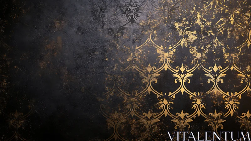 Gold ornamental pattern on dark textured background surface.