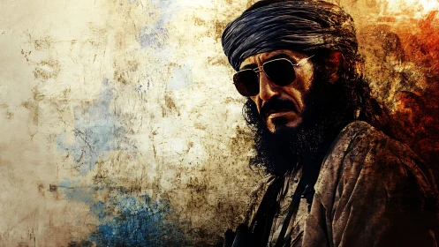 Middle-aged man in turban and glasses stands against textured wall