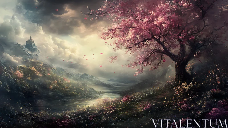 Cherry tree above river valley with distant castle peak.