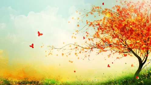 Autumn tree bends in warm breeze while red butterflies drift