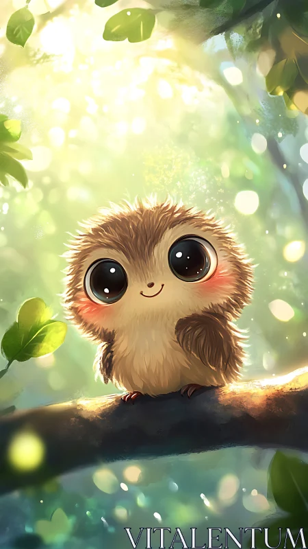 Luminescent forest perch with stylized wide‑eyed nestling character.