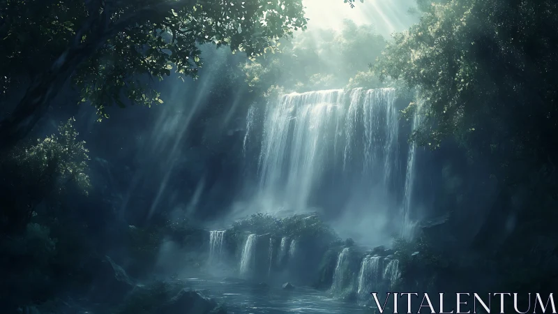 Celestial Waterfall Through Verdant Forest Canopy.