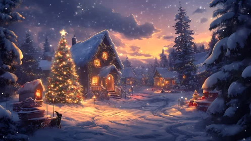 Snow-covered village street with lit houses at dusk.