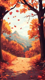 Mountain Vista Through Autumn Forest Canopy Path.