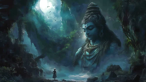 Moonlit cavern reveals colossal serene deity above wanderer.