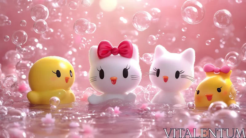 Rendered Character Trio in Ethereal Pink Bubble Environment. 3D Composition.