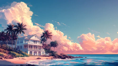 Elevated Beach Residence with Cumulus Clouds, Tropical Palms