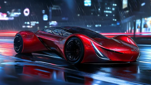 Parametric red hypercar under neon rain, high-gloss reflections