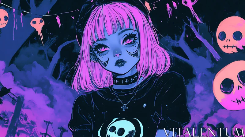 Neon goth girl stands calmly in a dreamy skull filled night