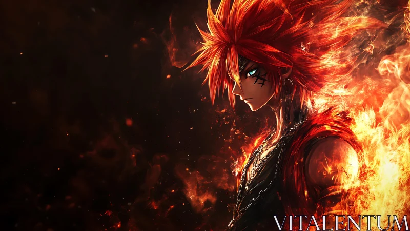 Blazing anime warrior stands proud in a storm of swirling fire