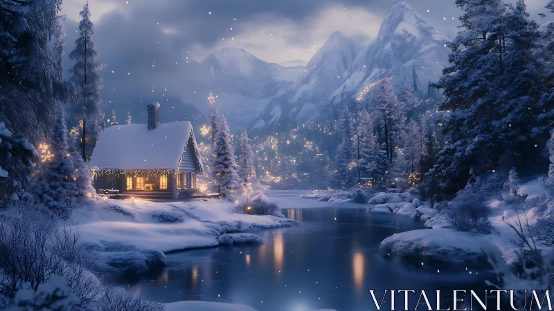 Cozy winter cabin glowing beside a calm starlit river.
