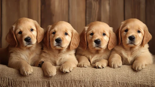 Four golden retriever puppies lined up on rustic burlap.
