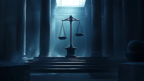 Monumental justice scales in cinematic neoclassical chamber