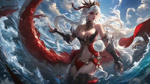 Oceanic dragon queen commands stormy waves in battle