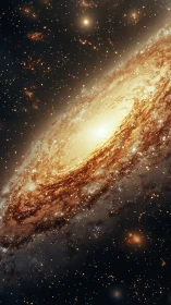 Spiral galaxy glows with golden core amid dense starfield.