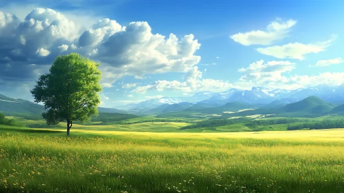 Solitary tree over luminous valley and distant mountains.