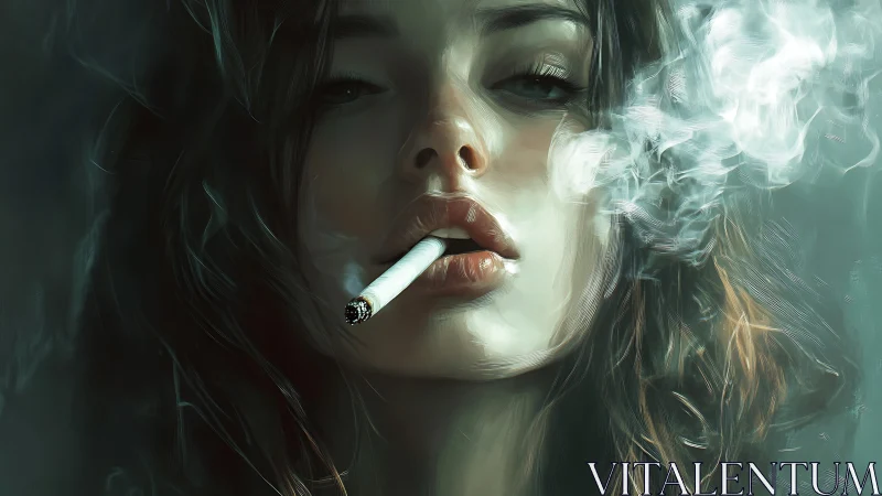 Smoky close-up portrait of young woman with cigarette.