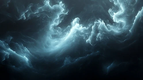 Abstract luminous cloud formations occupy a dark digital field