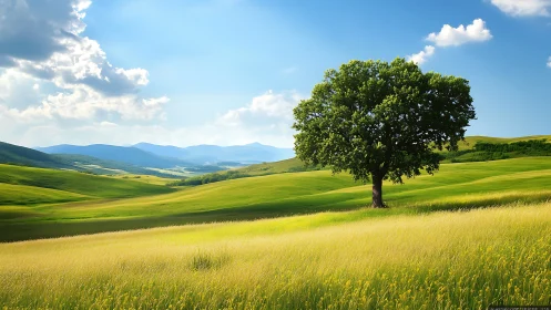 Isolated deciduous tree in luminant rolling grassland topography.