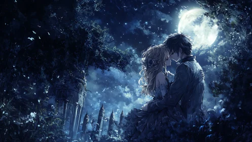 Lunar backlit anime couple in nocturnal forest clearing.