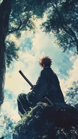 Anime samurai study under forest canopy in vertical composition.