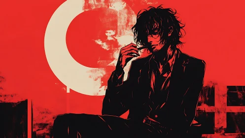 Brooding anime antihero sits against stark red eclipse