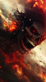 Digital painting of demonic flaming skull in oblique motion.