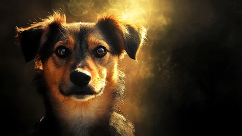 Dog portrait glows under dramatic golden rim light.