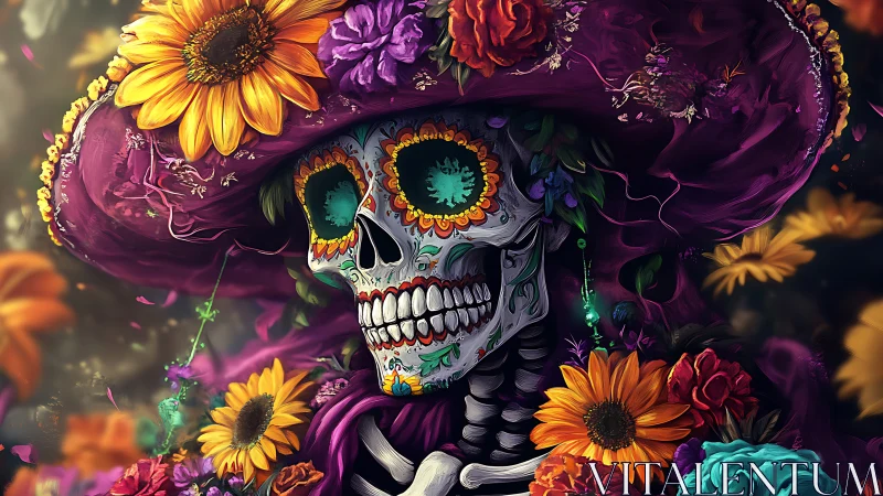 Sugar skull in lavish floral hat celebrates D&iacute;a de Muertos.