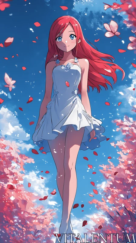 Red haired anime girl levitates amid sakura petals and deep sky