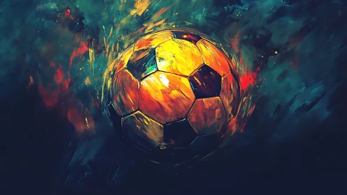 Glowing soccer ball swirling through bold electric colors.