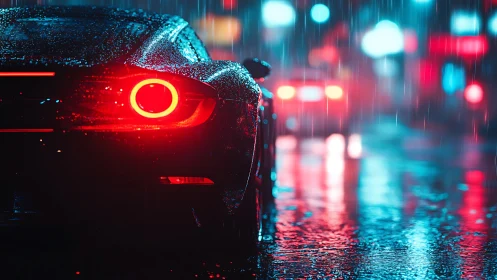Sports car rear view in neon lit rainy city street.