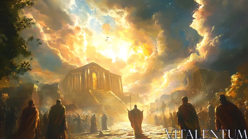 Sunstruck Temple of Ascension amid gathering pilgrims.