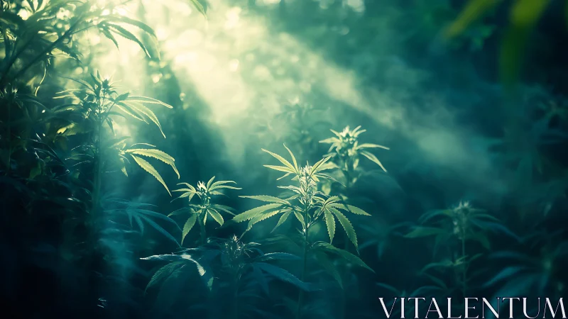 Sunlit cannabis plants in dense green foliage at dawn.