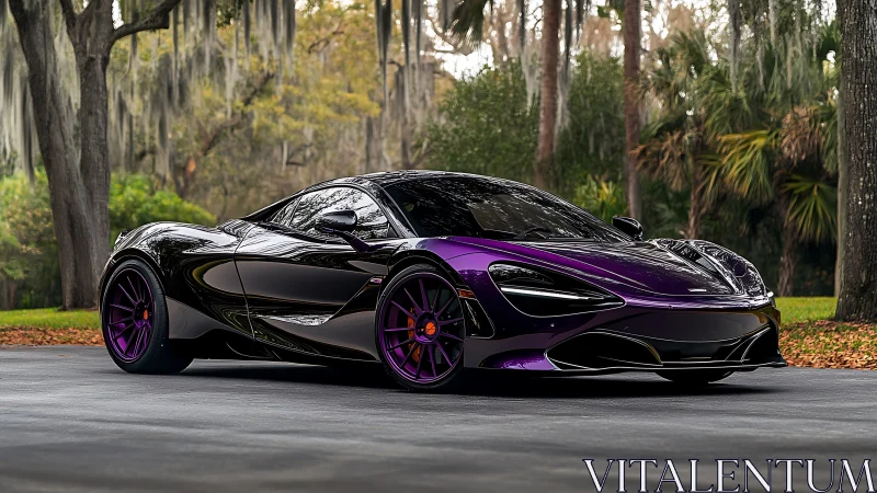 Purple and black sports car parked on forest driveway