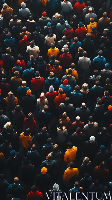 Crowded urban gathering in vivid winter outerwear from above.