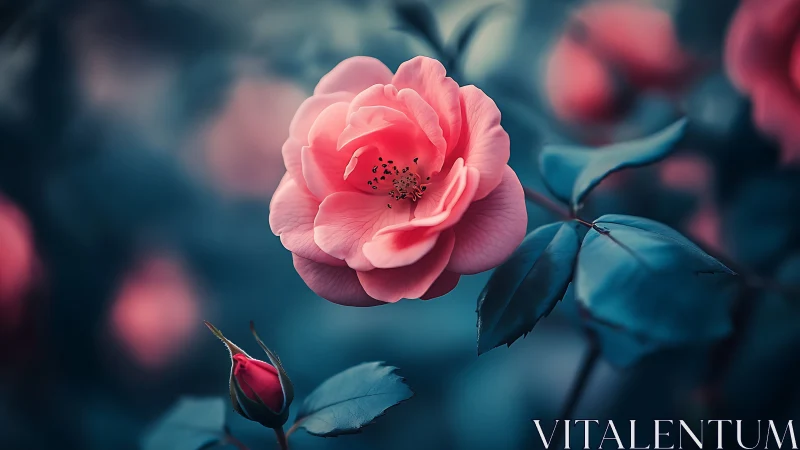 Pink Rose Bloom with Teal Foliage: Botanical Depth Study.