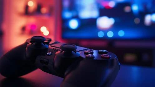 Game controller rests before defocused illuminated screen