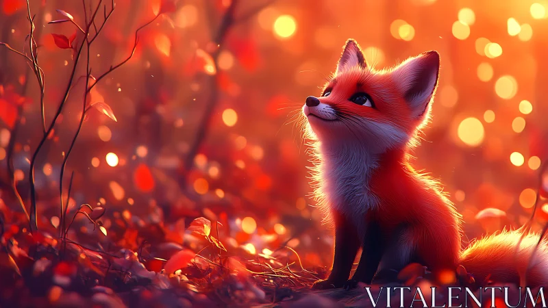 Small fox studies falling light in a glowing autumn forest